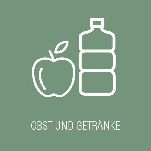 Obst und Getränke Icon mit Apfel und Getränkeflasche auf grünem Hintergrund – steht für kostenlose Verpflegung im Unternehmen.