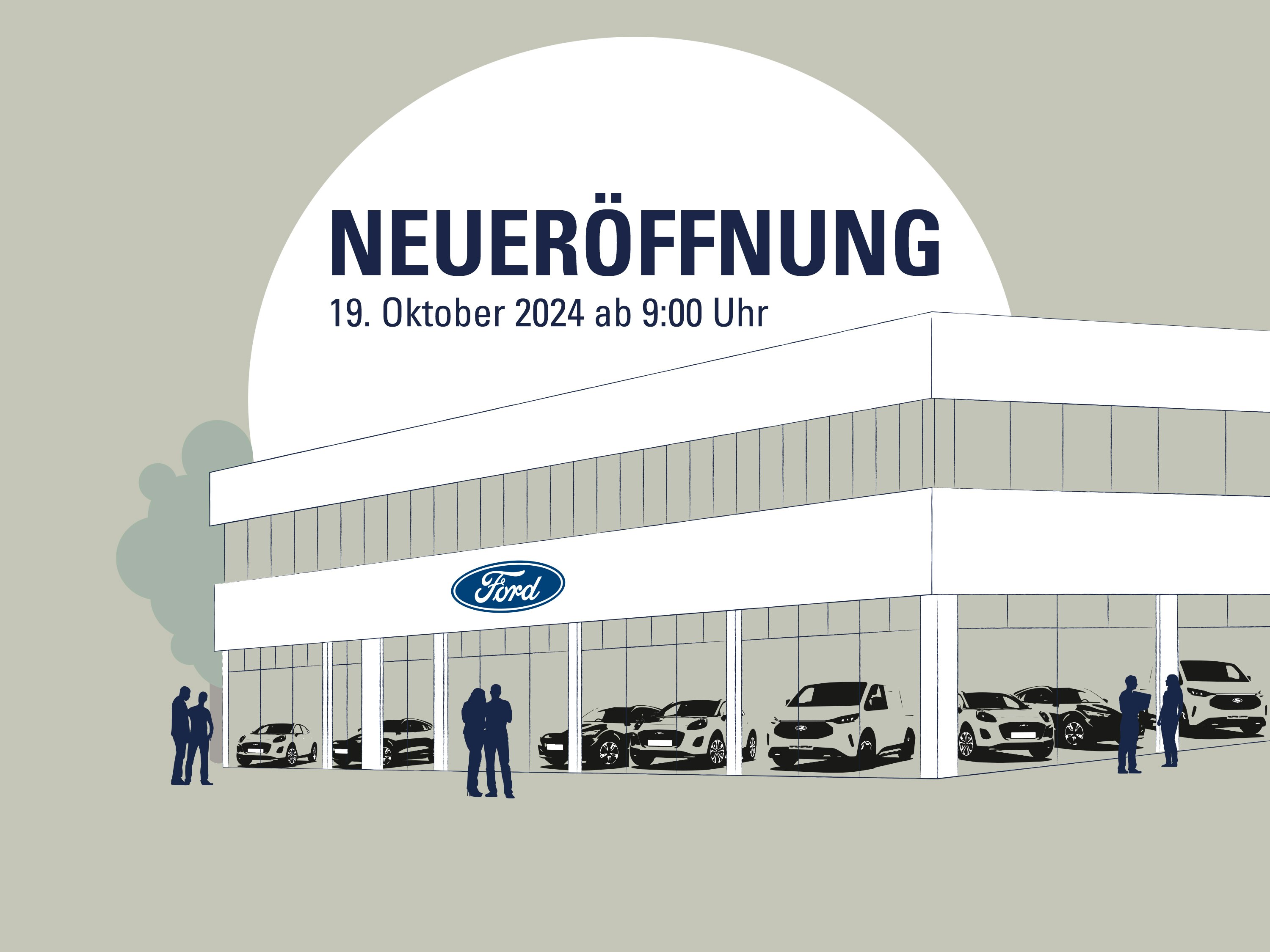 Neuer Ford Standort an der Hallenstraße – modern und kundenorientiert! Illustration des Ford-Autohauses an der Hallenstraße mit Hinweis zum Eröffnungsevent..