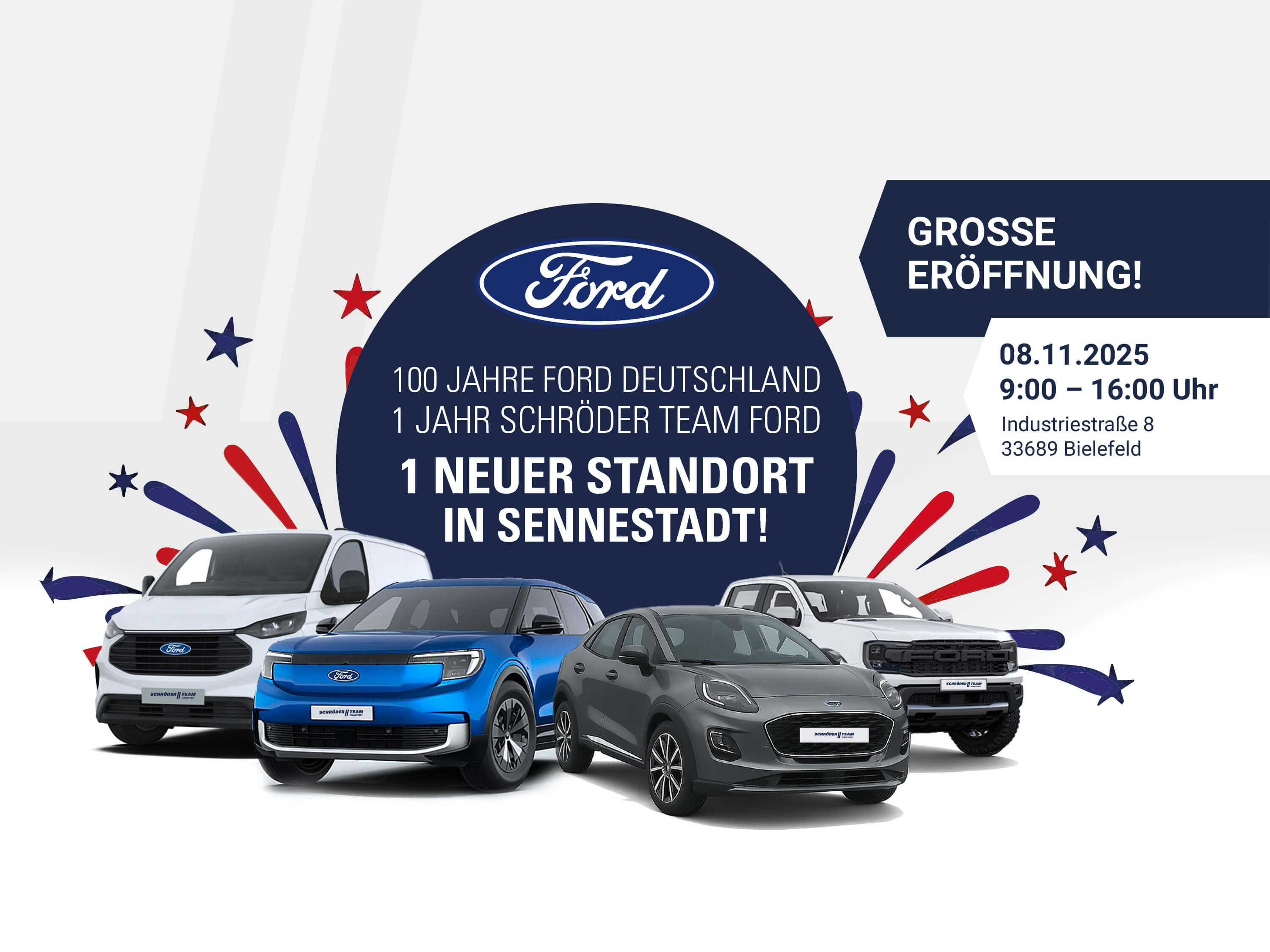 Einladung zur Ford Neueröffnung am 08.11.2025 100 Jahre Ford Deutschland, 1 Jahr Ford Bielefeld, 1 neuer Standort in Sennestadt