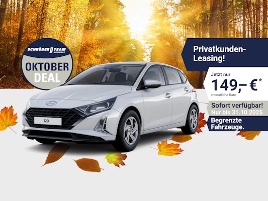 „Hyundai i20 Oktober-Deal – Leasing ab 149 € sichern Hyundai i20 in Weiß – Oktober-Deal für Privatkunden mit Leasingrate ab 149 €, sofort verfügbar, nur bis 31.10.2025