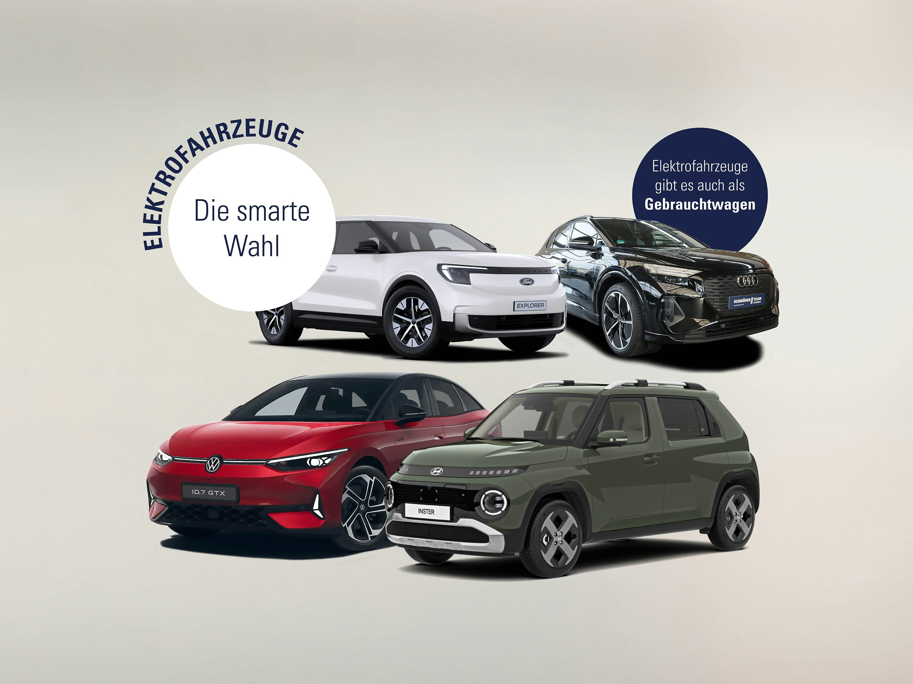 Unsere Elektroflotte – Vielfalt für moderne Mobilität. Elektrofahrzeuge von VW, Ford, Hyundai und Audi auf hellem Grund mit Slogan „Die smarte Wahl“.