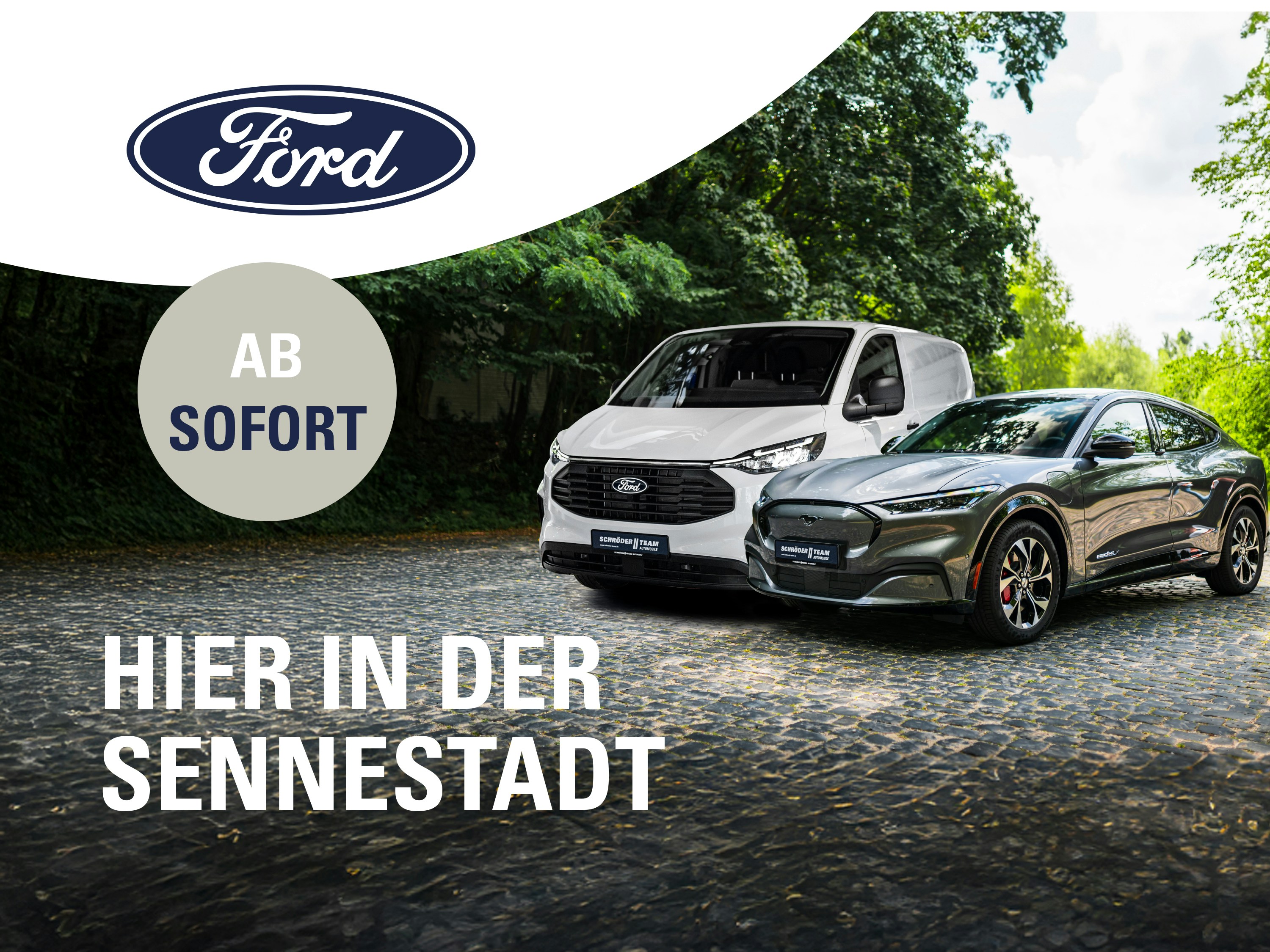 Ford jetzt in Bielefeld-Sennestadt – sofort verfügbar! Ein Ford Nutzfahrzeug und ein Ford Pkw symbolisieren auf diesem Bild die Vielfalt der Marke, die nun auch in Sennestadt vertreten ist.
