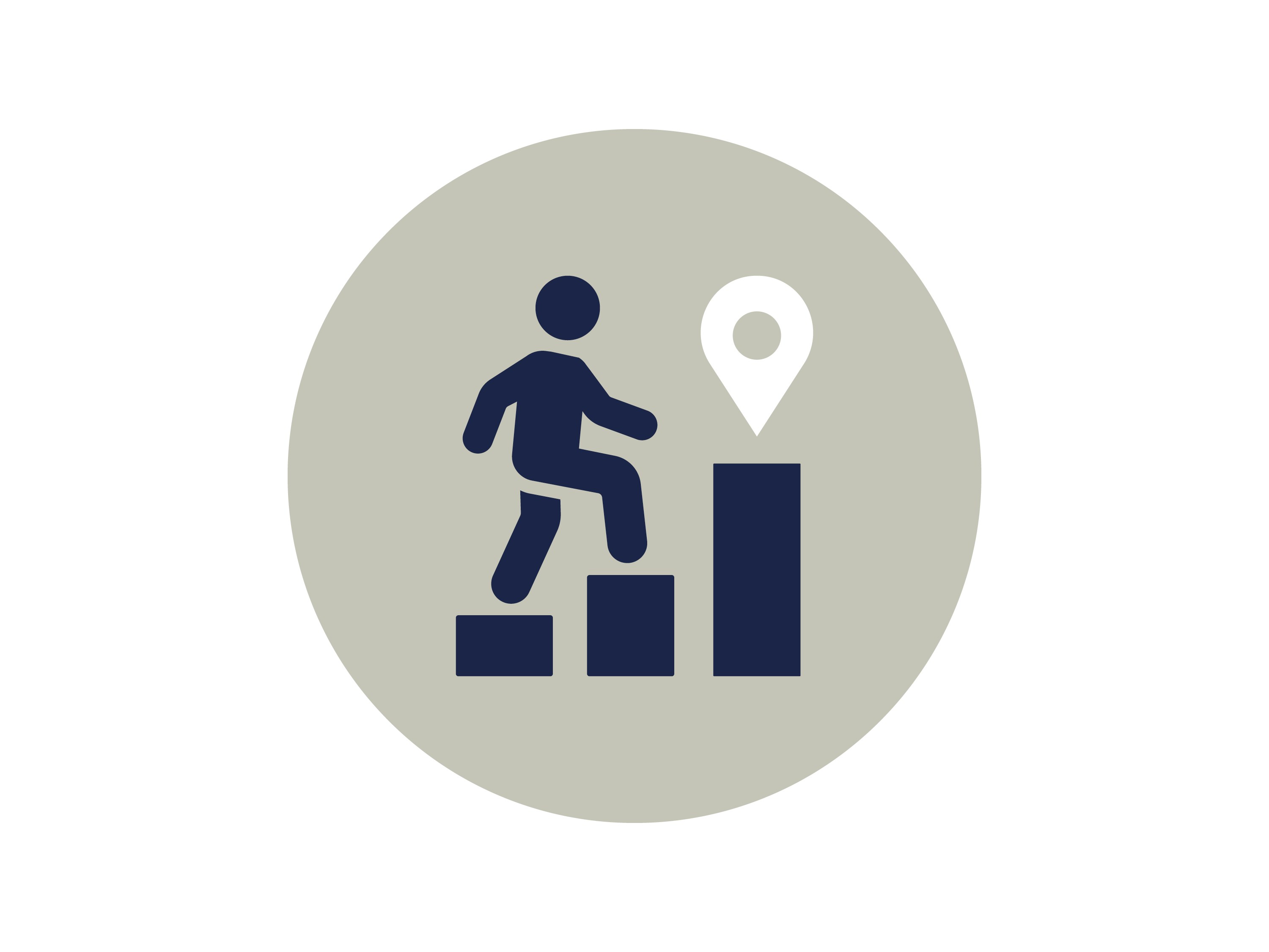 Unternehmenswert Leistungsbereitschaft Figur steigt motiviert eine Erfolgstreppe mit Zielmarkierung empor.