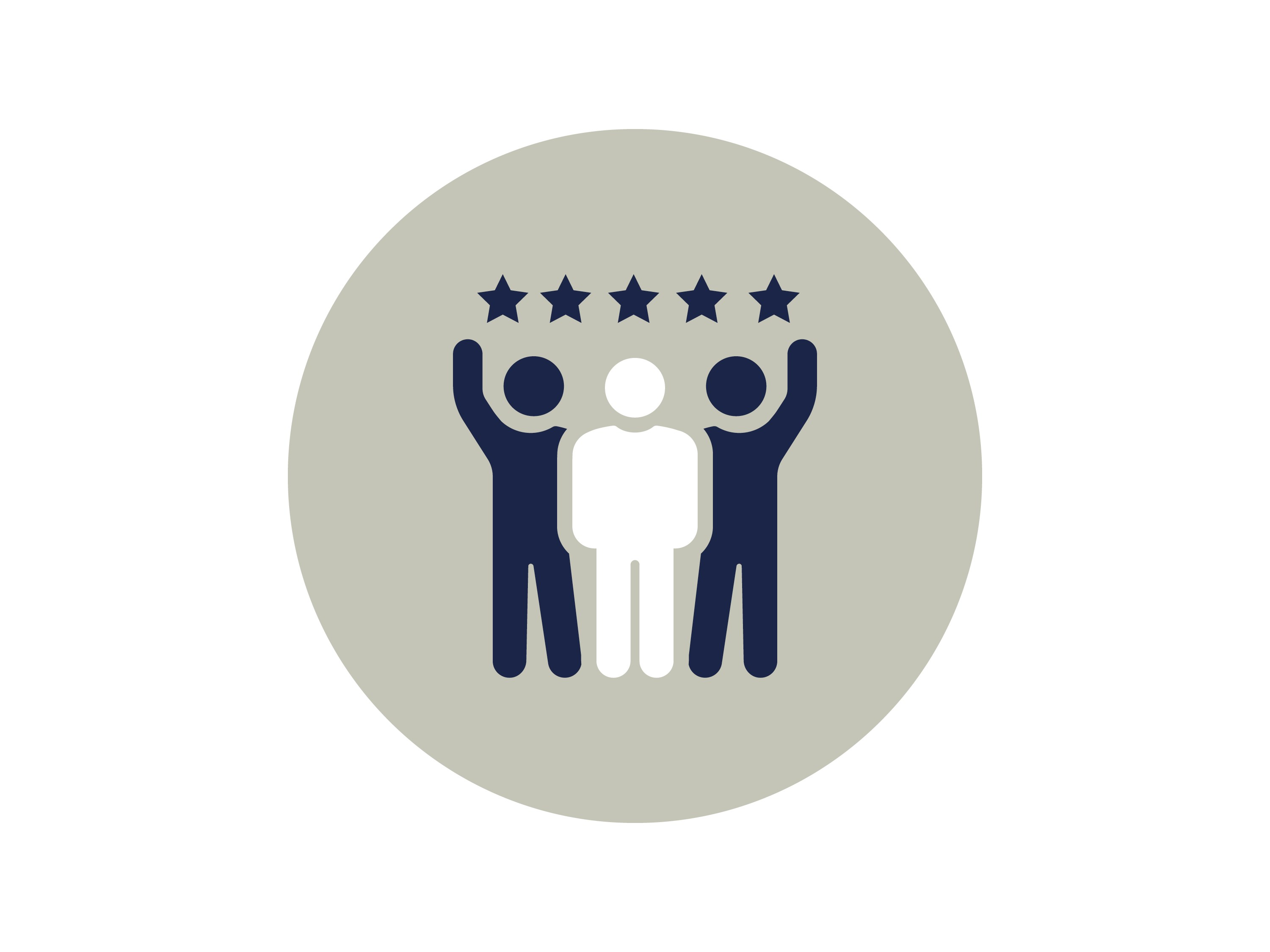 Unternehmenswert Qualität Drei Personen mit Sternen über dem Kopf – Symbol für hohe Qualität.
